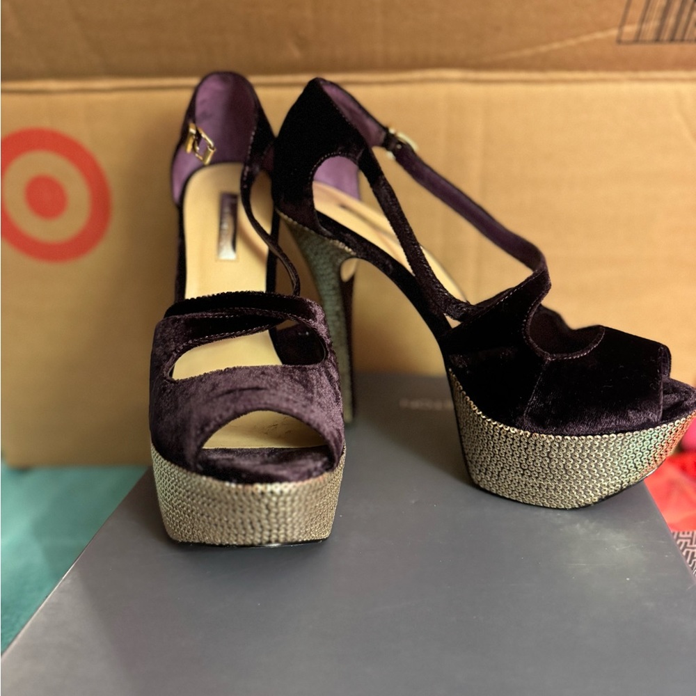 H by Halston purple suede rhinestone platform heels.